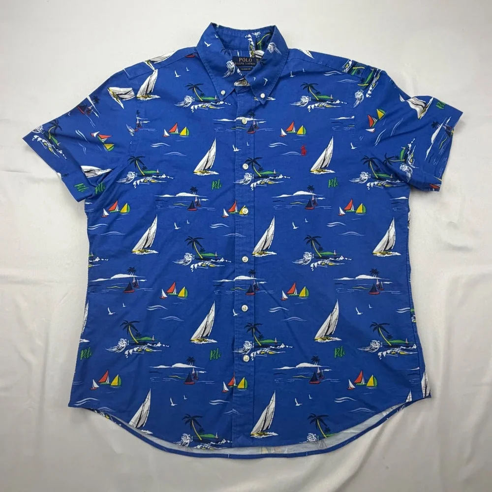Polo‎ Ralph Lauren Button Down Shirt Mens LG Blue Nautical Sailboat Classic Fit
